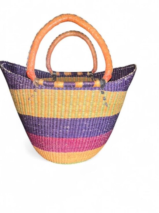 Bolga African Basket Multicolor Large with Leather Handles - Picture 7 of 7
